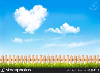 Retro nature background with blue sky with hearts shape clouds. Vector illustration
