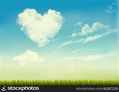 Retro nature background with blue sky with hearts shape clouds. Vector illustration