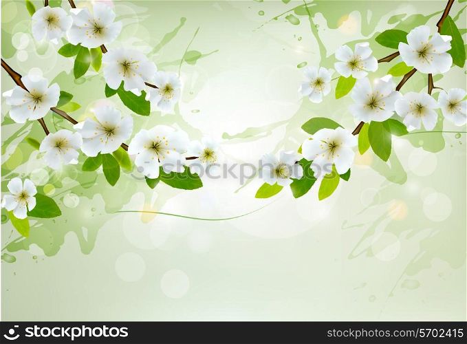 Retro nature background with grass and flowers and ripped paper. Vector illustration.