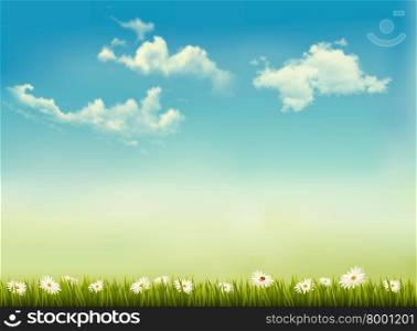 Retro nature background with green grass and sky . Vector.