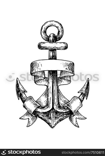 Retro nautical anchor with heavy ring on the top, decorated by wavy ribbon, for marine heraldry or emblem design Sketch. Sketch of retro nautical anchor with wavy banner