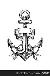 Retro nautical anchor with heavy ring on the top, decorated by wavy ribbon, for marine heraldry or emblem design Sketch. Sketch of retro nautical anchor with wavy banner