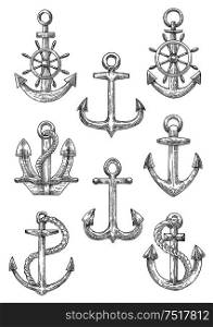 Retro nautical anchors with helms and twisted ropes isolated sketch icons with decorative arrow shaped flukes and curved arms. Marine club symbol or jewelry design usage. Engraving sketched anchors with helms and ropes