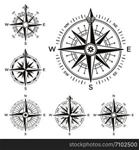 Retro nautical compass. Vintage rose of wind for sea world map navigation marine windrose icons. West and east or south and north arrows old travel antique equipment symbol isolated vector set. Retro nautical compass. Vintage rose of wind for sea world map. West and east or south and north arrows symbol isolated vector set