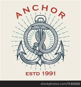 Retro Nautical emblem of anchor in ropes and sun beams. Vector illustration.