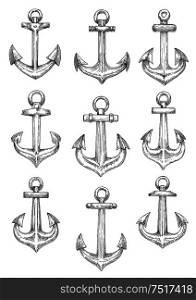 Retro nautical heraldic symbols of sketched admiralty pattern anchors with arrow shaped flukes and large chain rings. Use as naval badge or sailing club design. Nautical heraldic sketch symbols of retro anchors