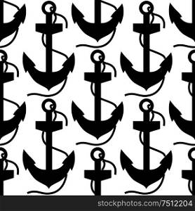 Retro nautical seamless pattern of anchor with rope black silhouettes on white background for wallpaper or backdrop design