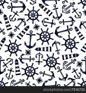 Retro nautical seamless pattern with blue ship anchors and helms, lighthouses and vintage compass roses on white background. May be use for marine theme or scrapbook page design. Marine seamless pattern with blue items