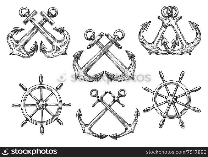 Retro nautical symbols of sketched sailing ships helms and crossed admiralty anchors. Use as marine club badge or navy heraldic design . Sailing ships helms and crossed anchors sketches