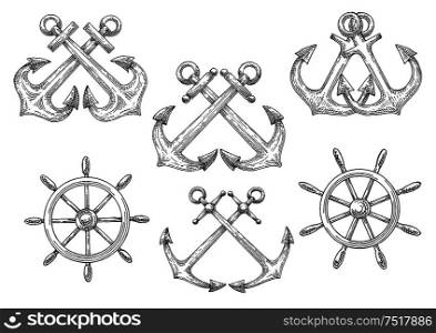 Retro nautical symbols of sketched sailing ships helms and crossed admiralty anchors. Use as marine club badge or navy heraldic design . Sailing ships helms and crossed anchors sketches