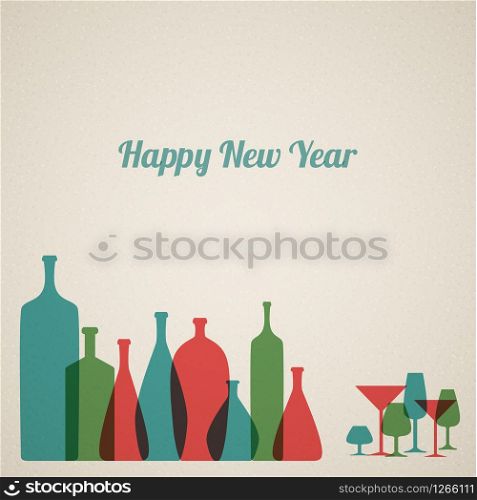 Retro New Year card with bottles and glasses