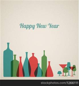 Retro New Year card with bottles and glasses