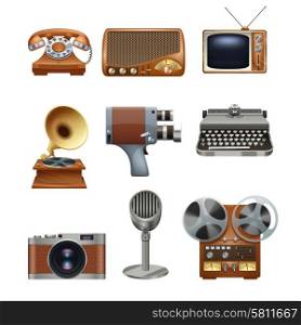 Retro nostalgic pictograms collection of antique mechanical typewriter and gramophone vinyl records player abstract isolated vector illustration. Retro vintage devices pictograms set