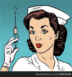 Retro nurse gives an injection syringe medicine health. Retro nurse gives an injection syringe medicine health medicine. Vaccine epidemic