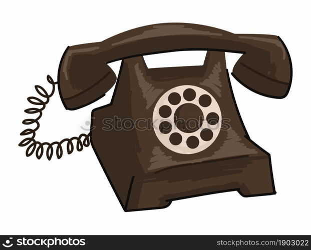 Retro old fashioned telephone with rotation system of numbers and dialing. Phone with cable and wire, telecommunication and obsolete buttons. Vintage cell electronic connection. Vector in flat style. Vintage telephone with rotary system and numbers