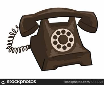 Retro old fashioned telephone with rotation system of numbers and dialing. Phone with cable and wire, telecommunication and obsolete buttons. Vintage cell electronic connection. Vector in flat style. Vintage telephone with rotary system and numbers
