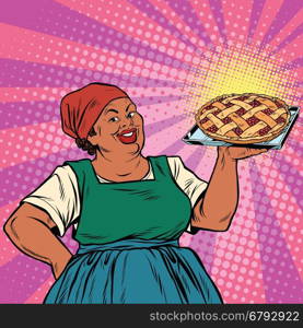 Retro old female African-American berry pie, pop art retro vector illustration
