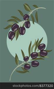 Retro olive tree branch with dark olives illustration.