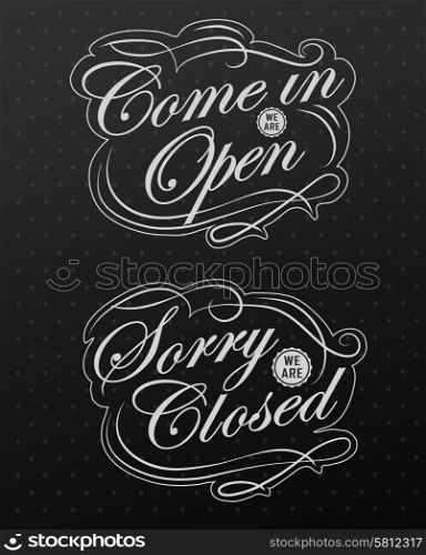 retro open and closed business sign design drawing with chalk on blackboard. Image of various open and closed business