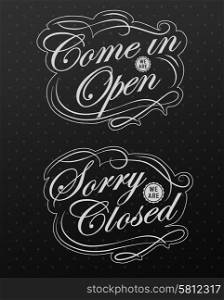 retro open and closed business sign design drawing with chalk on blackboard. Image of various open and closed business