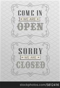 retro open and closed business sign design drawing with chalk on blackboard. retro open and closed