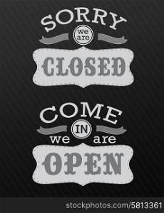 retro open and closed business sign design drawing with chalk on blackboard