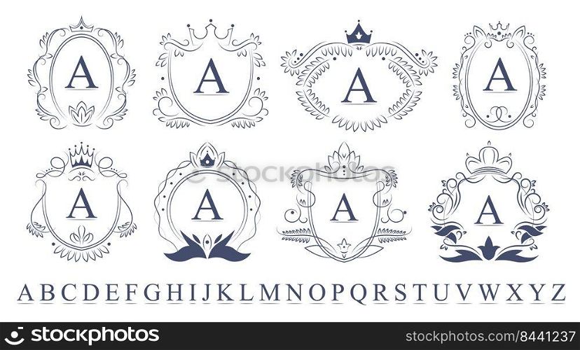 Retro ornate monogram emblems set. Vintage luxury elements with swirls, vignette, royal crowns and wreath. Vector illustrations for alcohol bottles or hotels logos or wedding invitation templates
