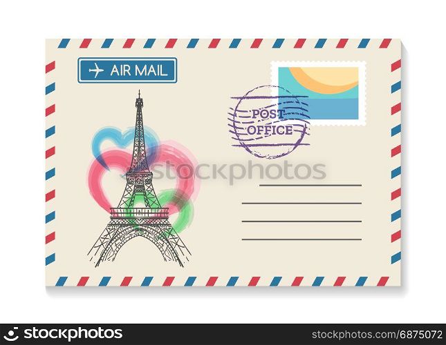 Retro Paris postal invitation. Retro Paris postal invitation. Vector vintage old wedding air mail postcard or love letter from France with Eiffel Tower