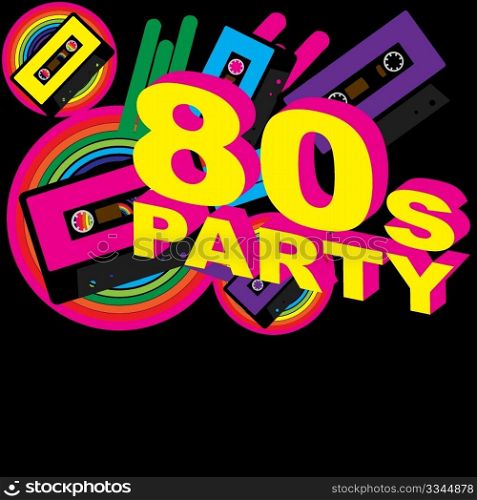 Retro Party Background - Audio Casette Tape and Disco Sign on Multicolor Background