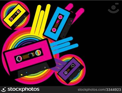 Retro Party Background - Audio Casette Tape and Multicolor Shapes on Black Background