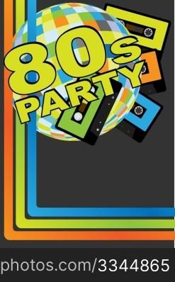 Retro Party Background - Retro Audio Cassette Tapes, Disco Ball and 80s Party Sign