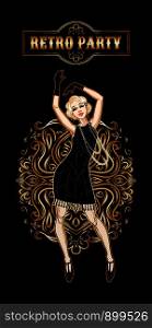 Retro party card, beautiful woman dressed in 1920s style dancing, flapper girl, twenties, vector illustration