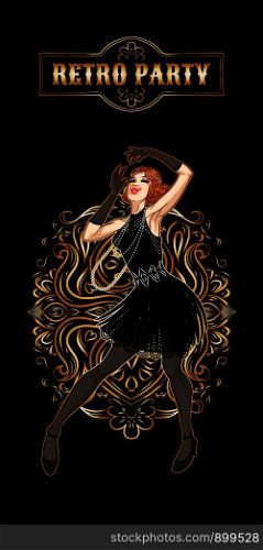 Retro party card, beautiful woman dressed in 1920s style dancing, flapper girl, twenties, vector illustration