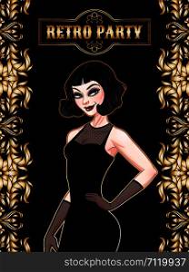 Retro party card, beautiful woman in black dress, glamour model girl, vector illustration