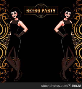 Retro party card, beautiful woman in black dress, glamour model girl, vector illustration