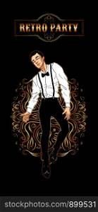 Retro party card, handsome man dressed in 1920s style dancing, dandy guy, twenties, vector illustration