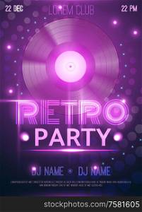 Retro party club announcement invitation poster with realistic vinyl record disc glowing purple lights background vector illustration