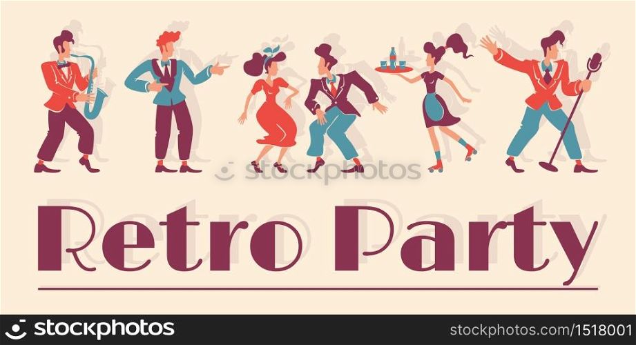 Retro party club banner flat vector template. 1950s style bar horizontal poster word concepts design. Old school cartoon illustrations with typography and jazz musicians on vintage color background