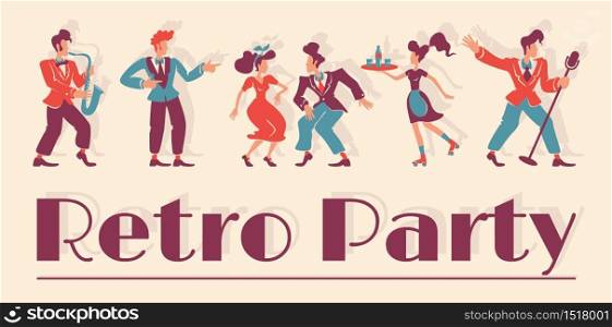 Retro party club banner flat vector template. 1950s style bar horizontal poster word concepts design. Old school cartoon illustrations with typography and jazz musicians on vintage color background
