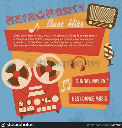 Retro party poster with reel to reel tape recorder vector illustration