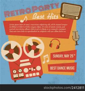 Retro party poster with reel to reel tape recorder vector illustration