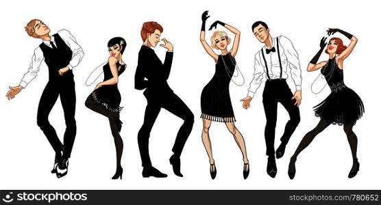 Retro party set, men and women dressed in 1920s style dancing, flapper girls, handsome guys in vintage suits, twenties, vector illustration