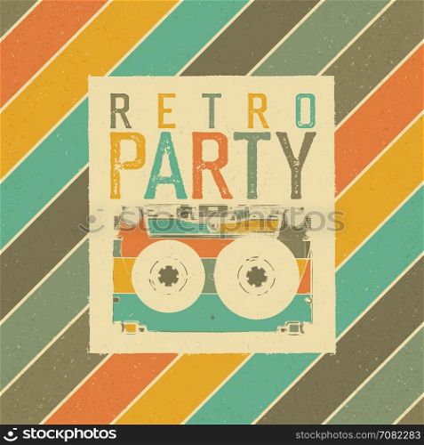 Retro Party. The best of 80's. Vintage Music Party Leaflet Template. Retro colors. Audiocassette retro image. Grunge, vintage, textured illustration.