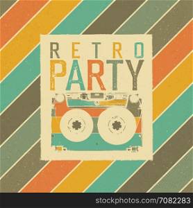 Retro Party. The best of 80's. Vintage Music Party Leaflet Template. Retro colors. Audiocassette retro image. Grunge, vintage, textured illustration.