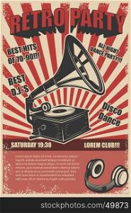 Retro party. Vintage gramophone on grunge background. Design elements for poster. Vector illustration