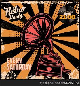 Retro party vintage poster template. Vintage style gramophone on grunge background. Design element for flyer, poster. Vector illustration.