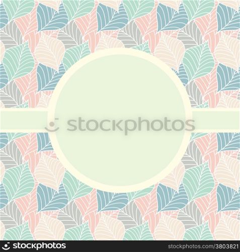Retro pastel leaves on branches on background seamless pattern with frame label