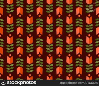 Retro pattern, geometric cute floral 70s style orange tulips and green leaves on brown background, abstract flower wallpaper, poster, invitation, fabric  for your design