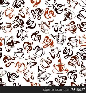 Retro pattern with seamless coffee cups and mugs background in brown colors randomly scattered over white background. Textile, print or cafe interior design. Seamless pattern with steaming coffee