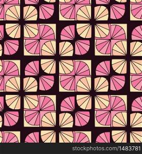 Retro pattern with seamless geometric ornament. Background for tiles or wallpaper. Repeating decorative pattern in pink and yellow colors. Art deco print for textile design. Retro pattern with seamless geometric ornament. Background for tiles or wallpaper. Repeating decorative pattern in pink and yellow colors. Art deco print for textile design.